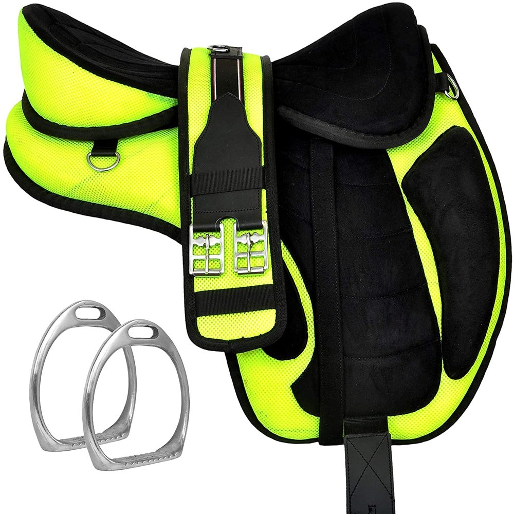 Synthetic Treeless Freemax English Horse Saddle with Matching Girth and Aluminum Stirrups Pair Set (Green, 15 Inches Seat)