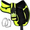 Synthetic Treeless Freemax English Horse Saddle with Matching Girth and Aluminum Stirrups Pair Set (Green, 15 Inches Seat) view 1