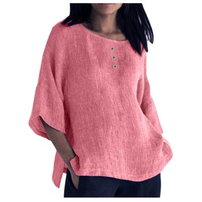 3/4 Sleeve Cotton Linen Shirts for Women Plus Size Crew Neck Solid Color Blouse Side Slit Loose Fit Tunic Tops Pink