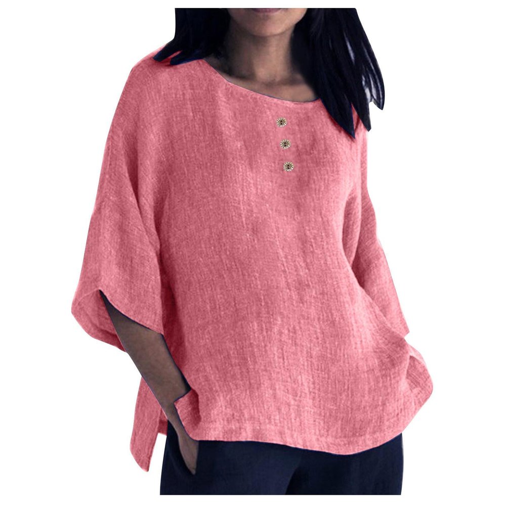3/4 Sleeve Cotton Linen Shirts for Women Plus Size Crew Neck Solid Color Blouse Side Slit Loose Fit Tunic Tops Pink