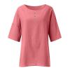 3/4 Sleeve Cotton Linen Shirts for Women Plus Size Crew Neck Solid Color Blouse Side Slit Loose Fit Tunic Tops Pink view 3