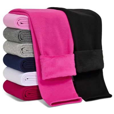 Kiiavoro Girls Fleece Lined Leggings Cotton Kids Winter Warm Leggings Thick Thermal Tights Pants 2 Pack, Black, Rose Red 7-8Y