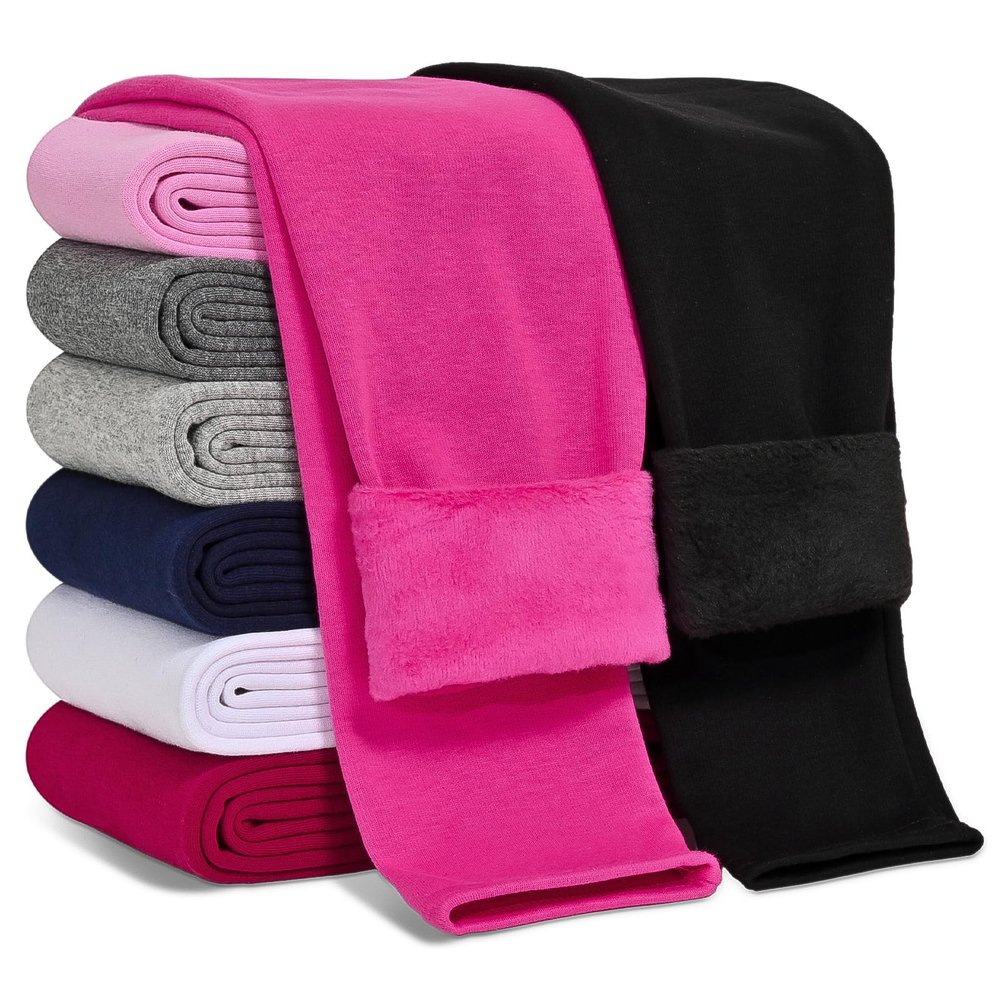 Kiiavoro Girls Fleece Lined Leggings Cotton Kids Winter Warm Leggings Thick Thermal Tights Pants 2 Pack, Black, Rose Red 7-8Y