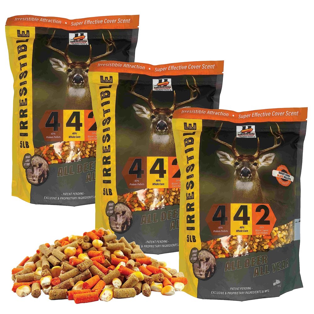 Herron Outdoors 4-4-2 Protein Pellets, Whole Corn & Blaze Orange- Deer Attractants for Whitetail Deer, and Feed Bait for All Hunters All Seasons- 5Ibs (3 Pack)