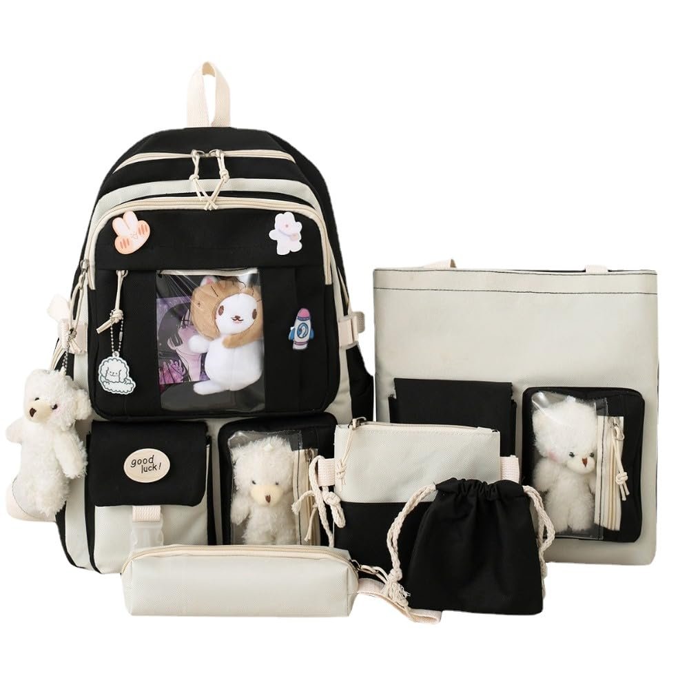 PIardi Cute backpack with accessories kawaii 5PCS Set Aesthetic backbags (Black)