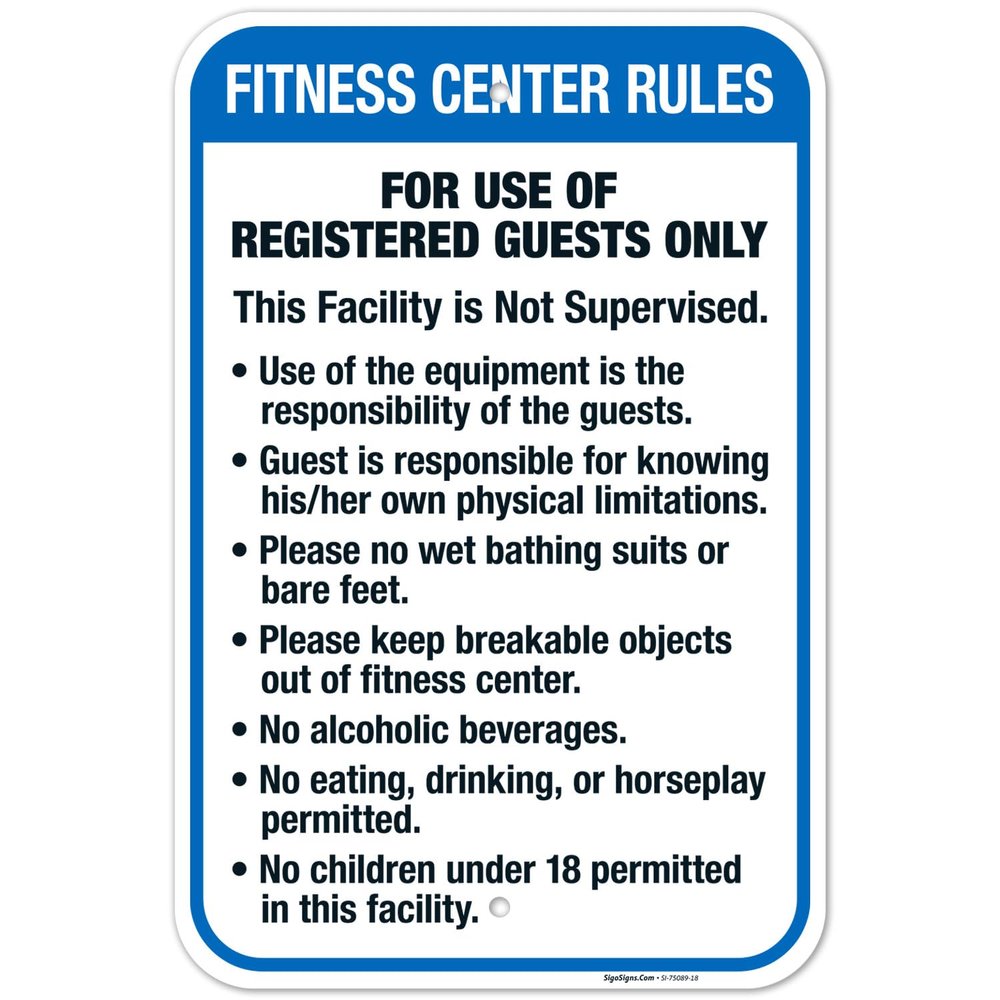 Fitness Center Rules Sign, 12x18 Inches, Rust Free .063 Aluminum, Fade Resistant, Made in USA by Sigo Signs