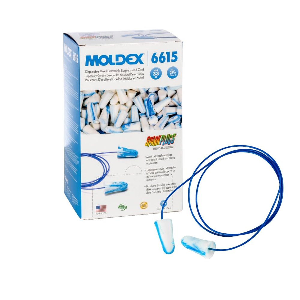 Moldex SparkPlugs Metal Detectable Corded Disposable Foam Earplug 6615, NRR 33dB