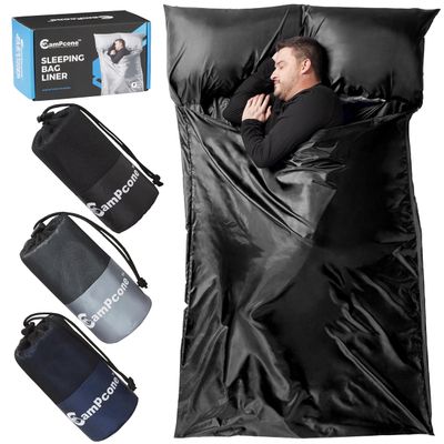 CAMPCONE Silky Sleeping Bag Liner Cold/Warm WeatherXL Travel Sheets for Hotel 85"52" Lightweight sleep sack with Zipper & Pillow Pocket-100% Polyester Adult Sleep Sack - Hotel Sleeping Bag. (Black)