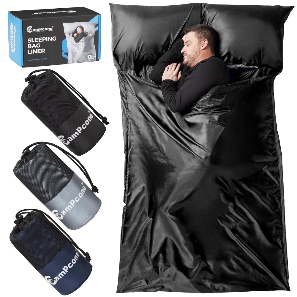 CAMPCONE Silky Sleeping Bag Liner Cold/Warm WeatherXL Travel Sheets for Hotel 85"52" Lightweight sleep sack with Zipper & Pillow Pocket-100% Polyester Adult Sleep Sack - Hotel Sleeping Bag. (Black)