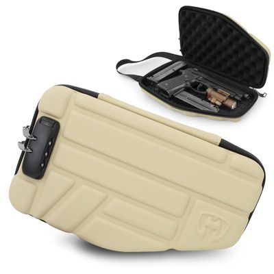 CASEMATIX Locking Pistol Case Fits Small to Large 9mm Pistols, Extra Clips and Attachments- Portable EVA Gun Rug Handgun Case with Foam, Snap In Zippers, Water Resistant, Shoulder Strap- Desert Tan
