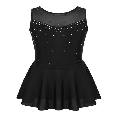 Alvivi Kids Girls Rhinestone Dance Dresses Sleeveless Ballet Figure Ice Skating Outfit Gym Skirted Leotard Black 10 Years