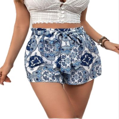 AKIOLOAS Women's Shorts Floral Print Paperbag Waist Belted Shorts Women's Shorts Shorts for Women (Color : Blue and White, Size : X-Large)