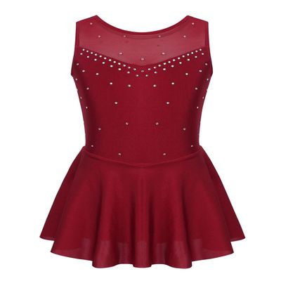 Alvivi Kids Girls Rhinestone Dance Dresses Sleeveless Ballet Figure Ice Skating Outfit Gym Skirted Leotard Burgundy 8 Years