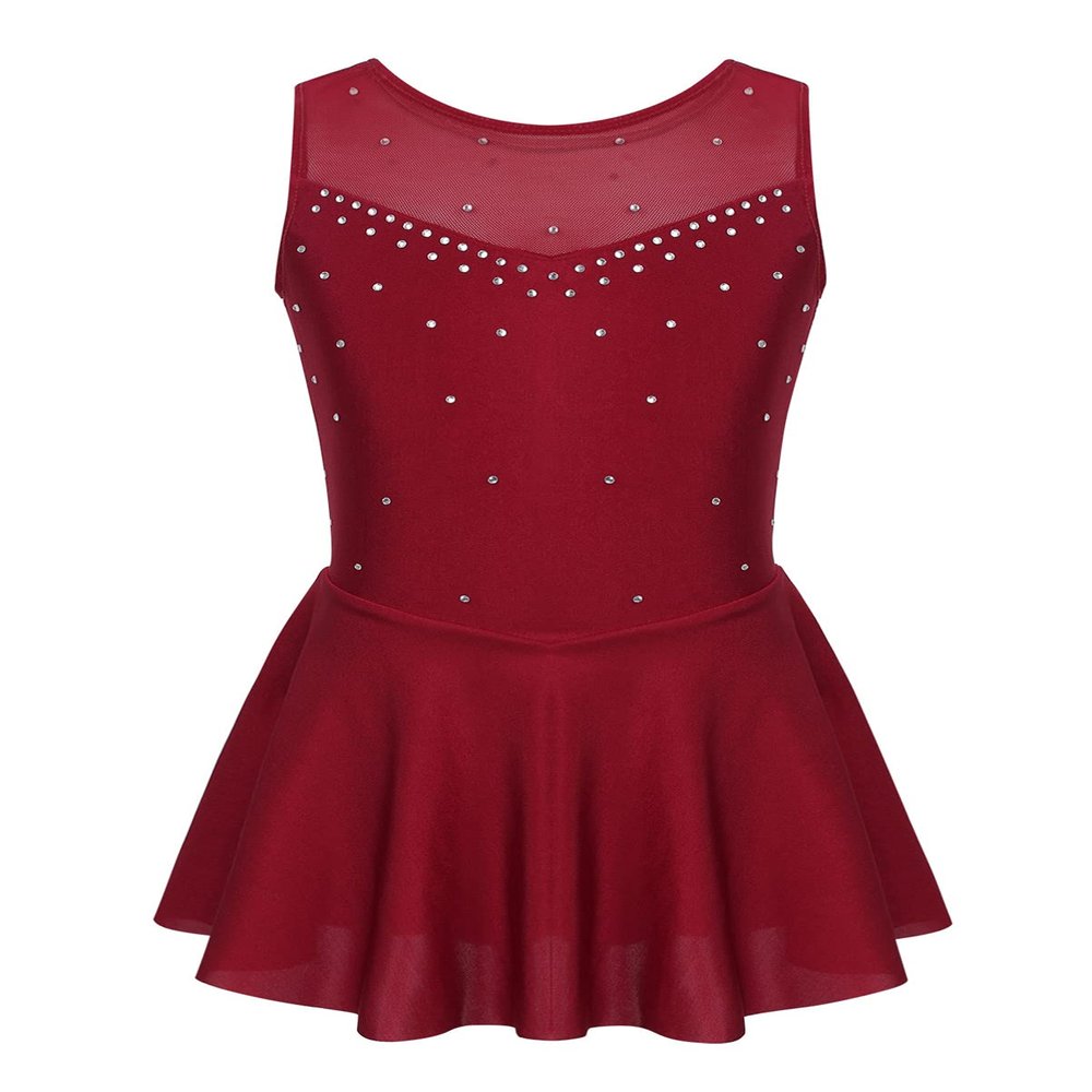 Alvivi Kids Girls Rhinestone Dance Dresses Sleeveless Ballet Figure Ice Skating Outfit Gym Skirted Leotard Burgundy 8 Years