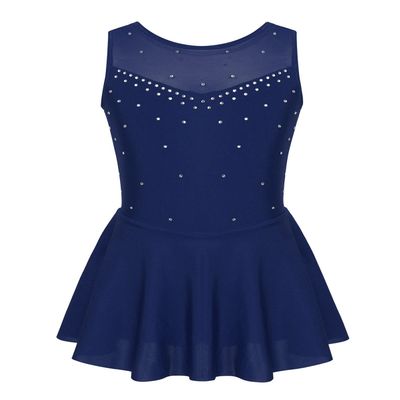 Alvivi Kids Girls Rhinestone Dance Dresses Sleeveless Ballet Figure Ice Skating Outfit Gym Skirted Leotard Navy Blue 12 Years