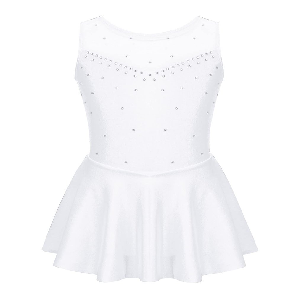 Alvivi Kids Girls Rhinestone Dance Dresses Sleeveless Ballet Figure Ice Skating Outfit Gym Skirted Leotard White 8 Years