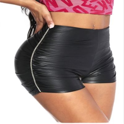 AKIOLOAS Women's Shorts Rhinestone Detail Ruched Side PU Leather Shorts Women's Shorts Shorts for Women (Color : Black, Size : Small)