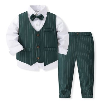 Kimocat Boys 3Pcs Clothing Sets Elegant Long Sleeve Shirts + Vest with Flower+Pants Party Suit