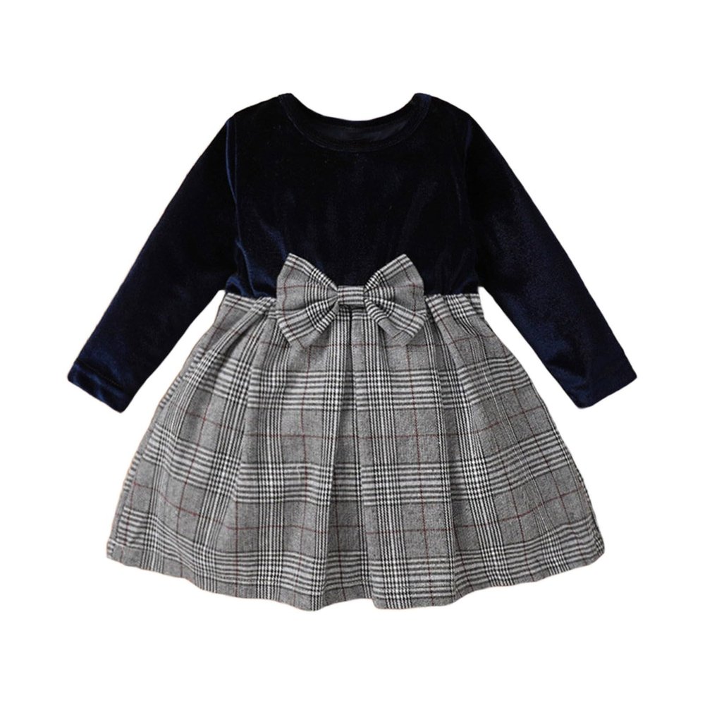 Toddler Girl Long Sleeve Solid Color Mesh Print Baby Dress Bow for 3 to 24 Months White Dress Girls (Blue, 6-9 Months)
