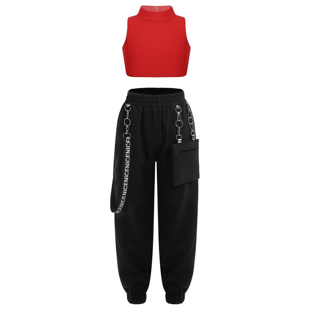 Moily Girls 2 Pcs Athletic Dance Outfit Mock X Back Sports Bra with Harem Pants Hiphop Sweatsuits Red 6 Years