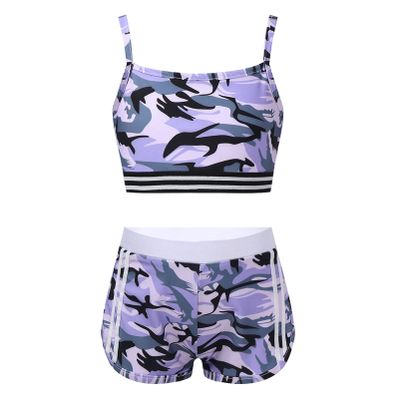 Alvivi Kids Girls Two Piece Snowflake Dancewear Gymnastics Sports Dance Outfit Tank Top with Shorts Set Camo Purple 7-8 Years