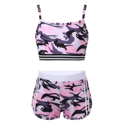 Alvivi Kids Girls Two Piece Snowflake Dancewear Gymnastics Sports Dance Outfit Tank Top with Shorts Set Camo Pink 7-8 Years