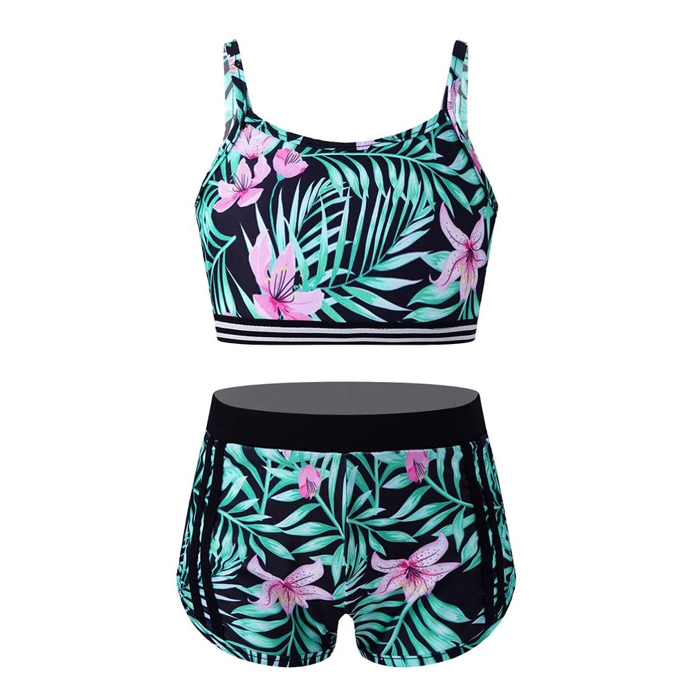 Alvivi Kids Girls Two Piece Snowflake Dancewear Gymnastics Sports Dance Outfit Tank Top with Shorts Set Green Lily 7-8 Years