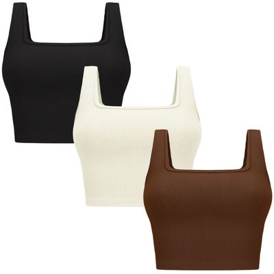 Womens 3 Pack Crop Tank Tops Basic Seamless Ribbed Sleeveless Square Neck Workout Top Summer Exercise Yoga Gym Shirts (Black + Brown + Beige,Medium-Large)