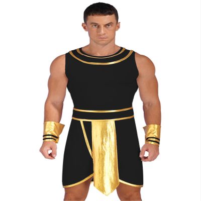 CHICTRY Men Ancient Rome Costume One Shoulder Harness Skirts Mr. Toga Outfits for Halloween Theme Party Black B X-Large