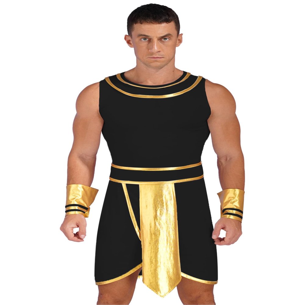 CHICTRY Men Ancient Rome Costume One Shoulder Harness Skirts Mr. Toga Outfits for Halloween Theme Party Black B X-Large