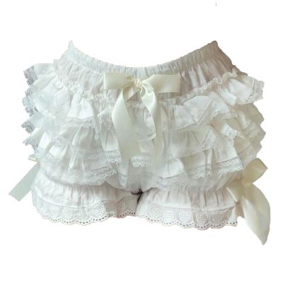 ACSUSS Womens Lace Trim Tiered Ruffle Bloomers Cute Bowknot Shorts for Theme Party Masquerade Role Play White Small