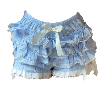 ACSUSS Womens Lace Trim Tiered Ruffle Bloomers Cute Bowknot Shorts for Theme Party Masquerade Role Play Blue Medium