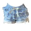 ACSUSS Womens Lace Trim Tiered Ruffle Bloomers Cute Bowknot Shorts for Theme Party Masquerade Role Play Blue Medium