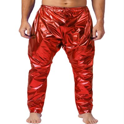 Lejafay Men's Metallic Skinny Harem Pants Leggings Shiny Rave Nightclub Dance Party Tights Trousers Red Medium
