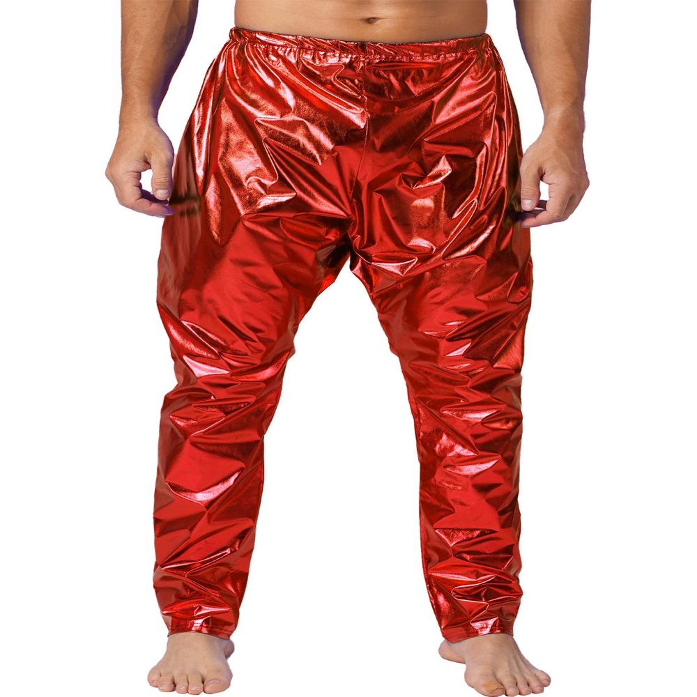 Lejafay Men's Metallic Skinny Harem Pants Leggings Shiny Rave Nightclub Dance Party Tights Trousers Red Medium