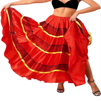Aislor Womens Ladies Satin Spanish Flamenco Costume Adults Ballroom Dance Performance Skirt Type B 360 Degree One Size