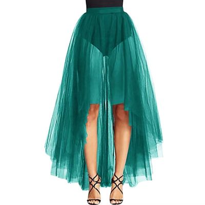 WDPL Women's Maxi High Low A-line Layers Tulle Sheer Evening Skirt (Teal, Large)