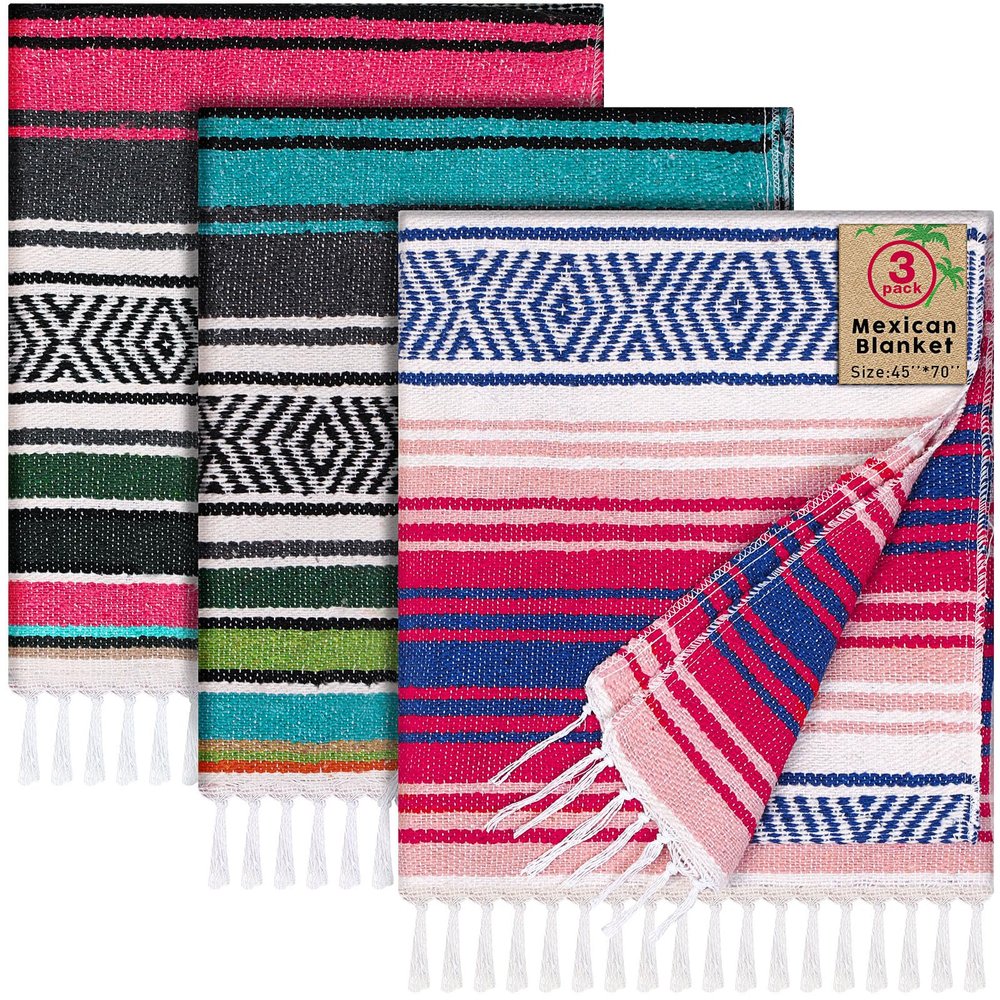 Oudain 3 Pack Mexican Blankets and Throws 45 x 70 Inch, Cotton Outdoor Camping Cozy Baja Blanket Woven Serape Restorative Yoga Fiesta Fall Autumn Essential Supplies (Classic Color)