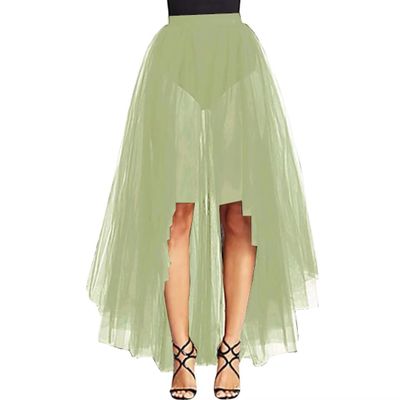 WDPL Women's Maxi High Low A-line Layers Tulle Sheer Evening Skirt (Sage, Small)