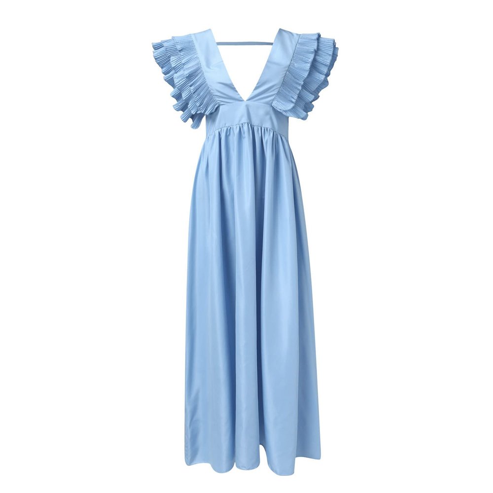 Women's Wrap V Neck Evening Gowns Dress Ruffle Sleeve Tiered Cocktail Dress Solid Color Long Party Dress (Blue, M)
