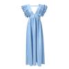 Women's Wrap V Neck Evening Gowns Dress Ruffle Sleeve Tiered Cocktail Dress Solid Color Long Party Dress (Blue, M) view 1