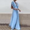 Women's Wrap V Neck Evening Gowns Dress Ruffle Sleeve Tiered Cocktail Dress Solid Color Long Party Dress (Blue, M) view 2