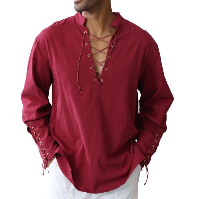 Men's Cotton Linen Shirt Drawstring Arm Banded Tops Medieval Viking Pirate Renaissance Halloween Costume WINE RED 3XL