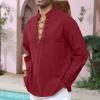 Men's Cotton Linen Shirt Drawstring Arm Banded Tops Medieval Viking Pirate Renaissance Halloween Costume WINE RED 3XL view 2