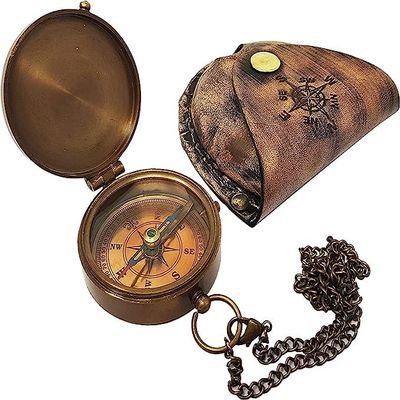Antique Brass Compass Nautical Pocket Backpacking Compass Leather Case Vintage Camping Hiking Direction Marine Graduation Confirmation Day Engravable for Men Quality Travel