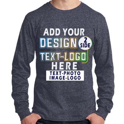Custom T-Shirt for Women Men Add Your Text Image Design Front & Back Personalized Long Sleeve Shirt Heather Navy