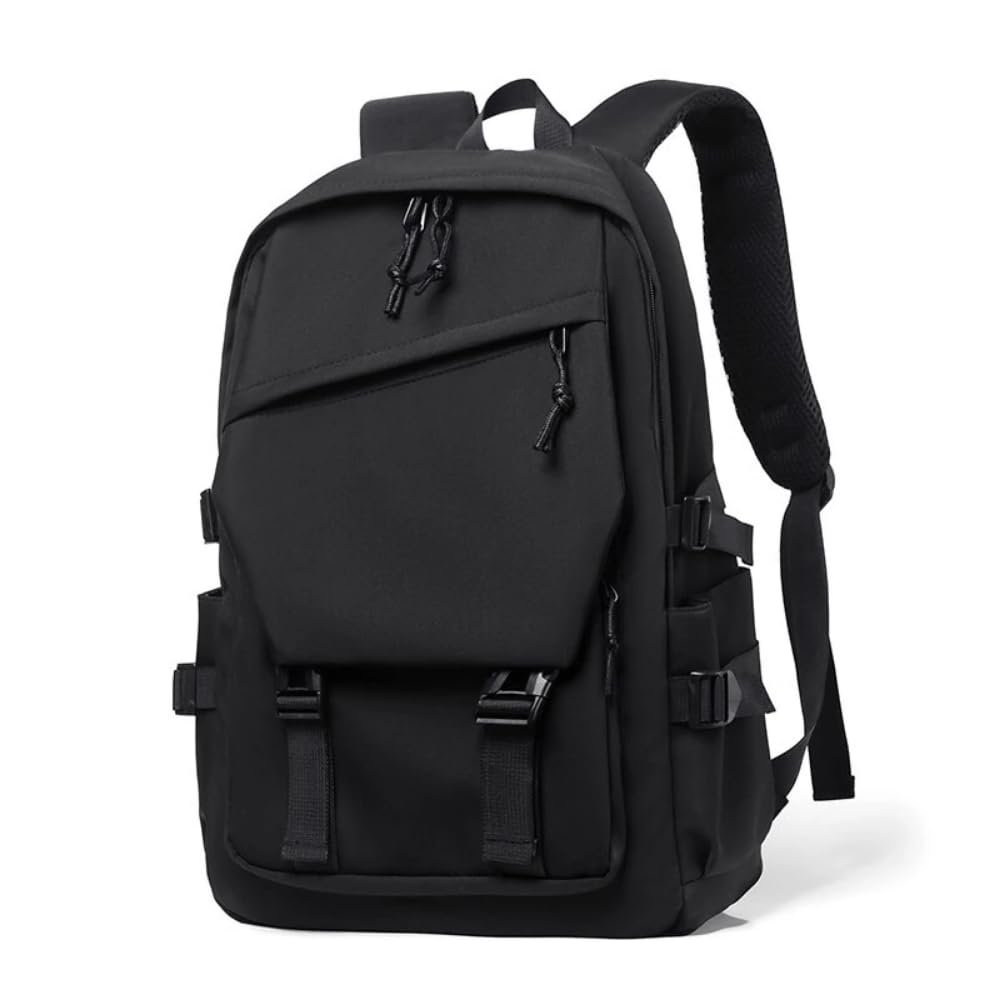15-inch Nylon Waterproof Backpack Trendy Travel Bag High Capacity with Side Pockets Daily Bag for Men Women (Black)
