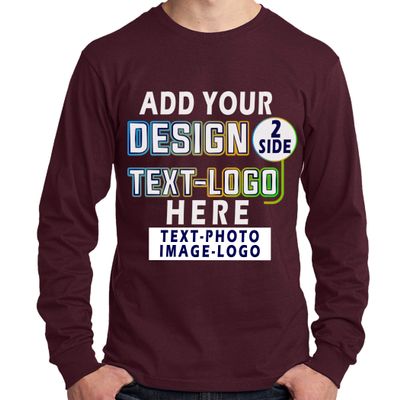 Custom T-Shirt for Men Women Add Your Text Image Design Front & Back Personalized Long Sleeve Shirt Maroon