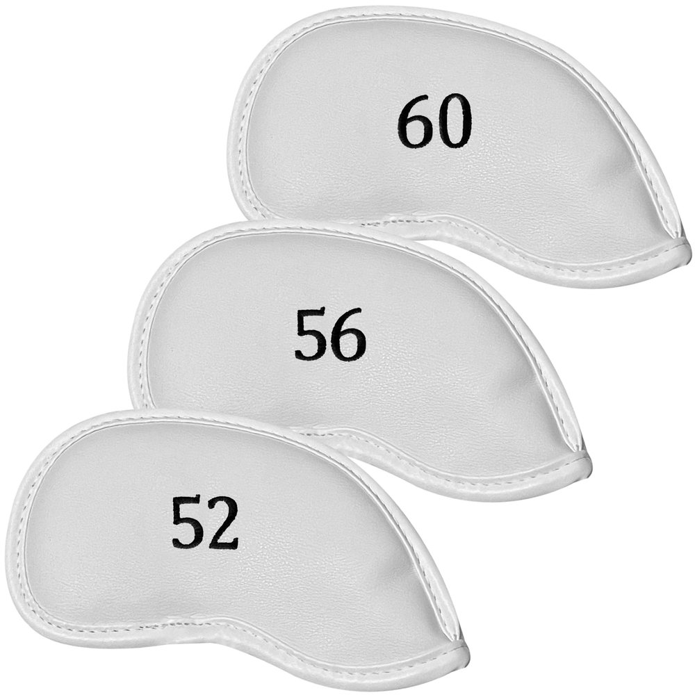 All Teed Up Premium Magnetic Leather Iron and Wedge Golf Club Head Covers | Fits Most Clubs | Embroidered Club Label on Both Sides of Club Head Cover (White 52,56,60 (Set of 3))