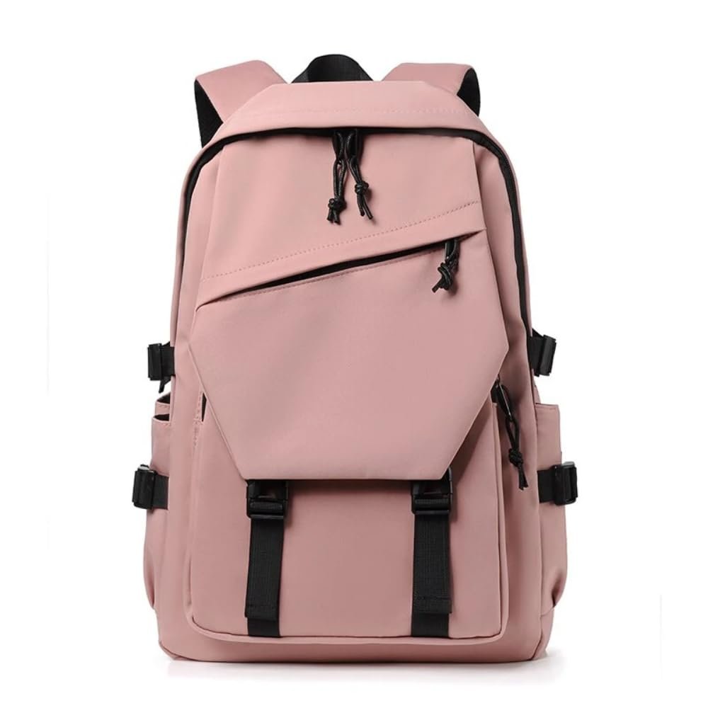 15-inch Nylon Waterproof Backpack Trendy Travel Bag High Capacity with Side Pockets Daily Bag for Men Women (Pink)